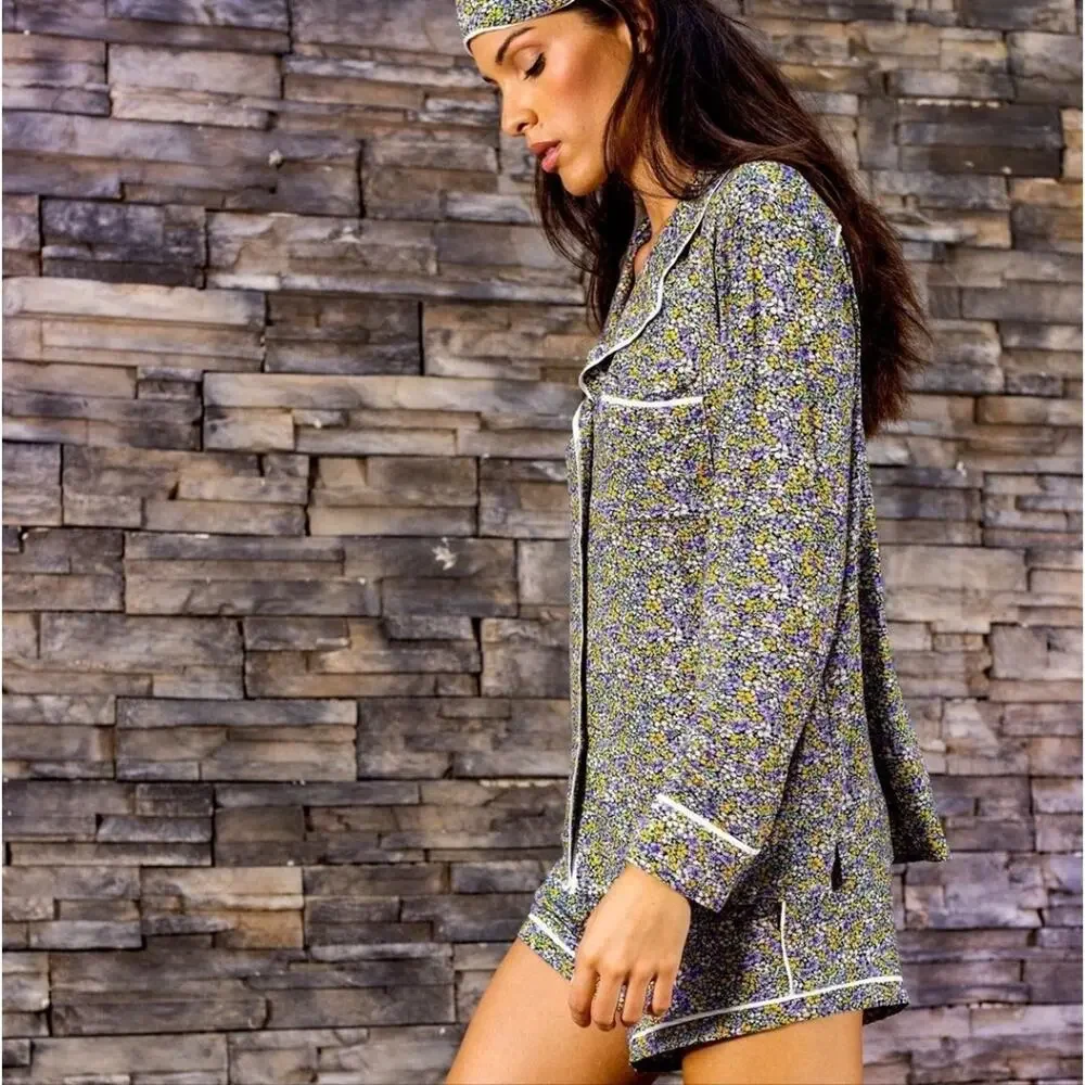Plush Apparel Floral Jersey Pajama Set NWT Black Purple 3pc Top Shorts Mask XS